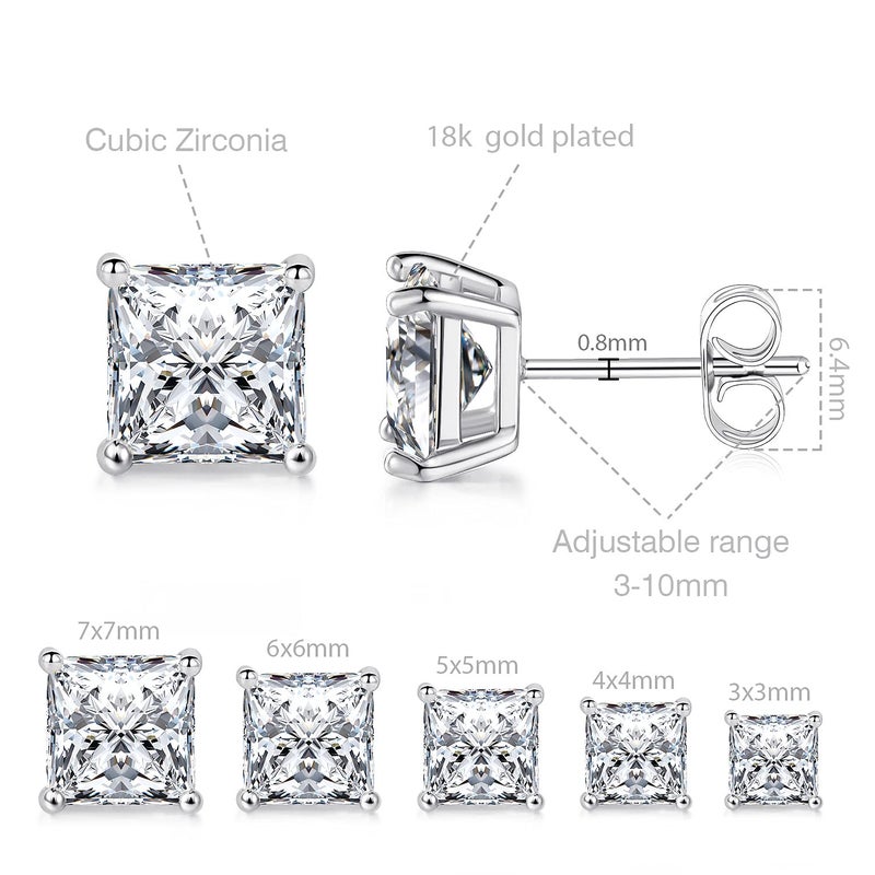 MDFUN 18K White Gold Plated Princess Cut Square Clear Cubic Zirconia Stud Earring Pack of 5 Pairs - Image 2