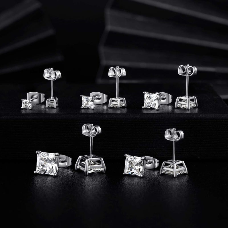 MDFUN 18K White Gold Plated Princess Cut Square Clear Cubic Zirconia Stud Earring Pack of 5 Pairs - Image 4