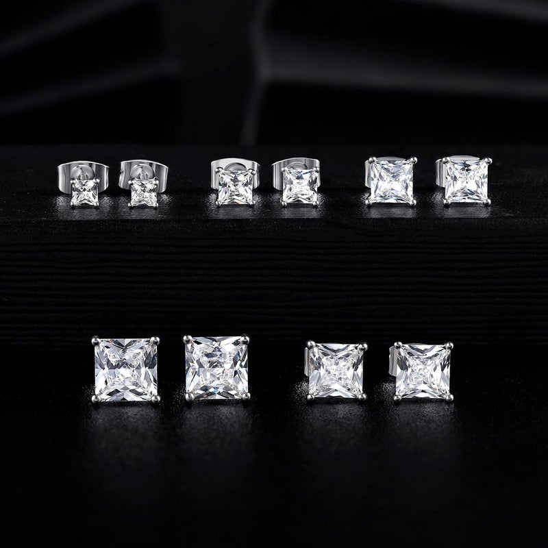 MDFUN 18K White Gold Plated Princess Cut Square Clear Cubic Zirconia Stud Earring Pack of 5 Pairs - Image 5