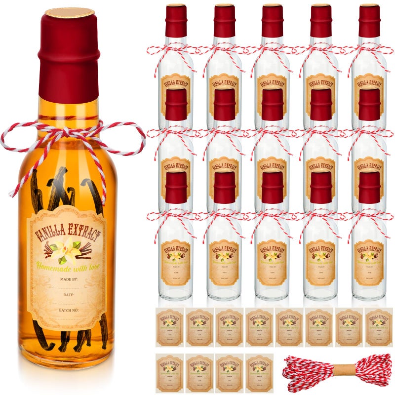 Tioncy 16 Pcs Vanilla Extract Bottles for Homemade Vanilla Jar Glass Bottle with Cap Shrink Band Sticker Syrup Gift Food Storage Canister for Bean Sauce SpiceRed5 oz