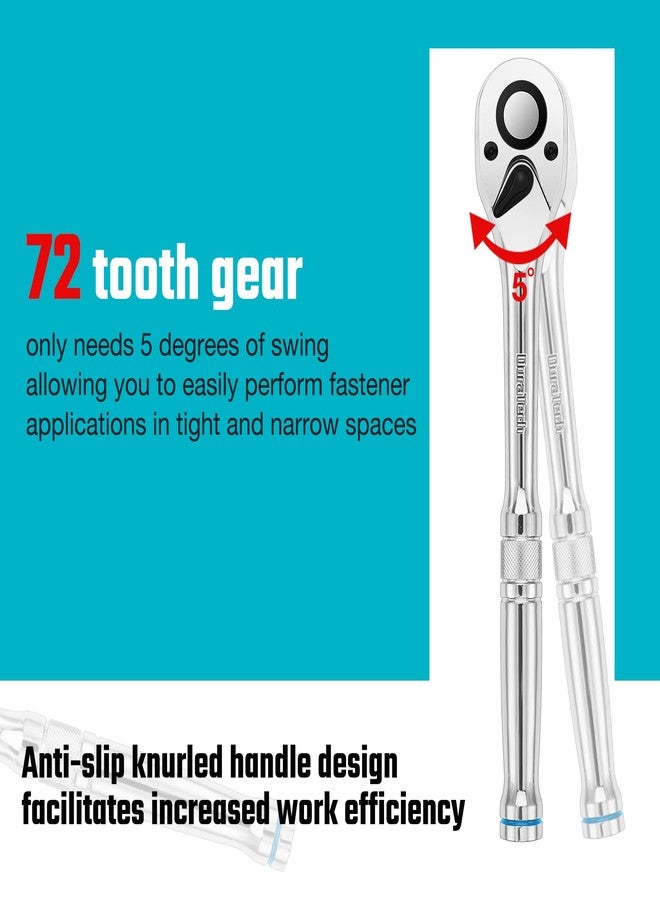 DURATECH 3/8-Inch Drive Ratchet, Quick-Release Ratchet Wrench, 72-Tooth, Reversible Switch, Full-Polished Chrome Plating, Alloy Steel - Image 2