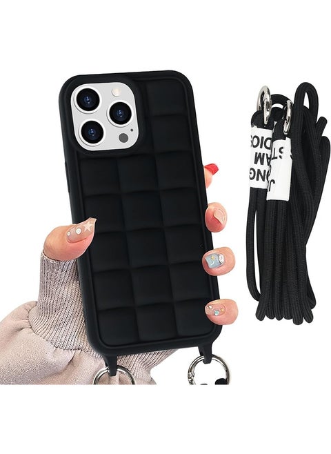 Crossbody Cute Lanyard Strap Case For iPhone 14 Pro Max Necklace Cord Candy Silicone Soft Cover Black