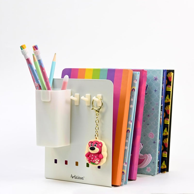 Articious Adjustable Bookend Organizer with Pen Holder | Expandable Desk Bookshelf for Office, Study, and Home | Book Rack Stand for Books, Files & Stationery (Extends Up to 17 Inches) - White - Image 1