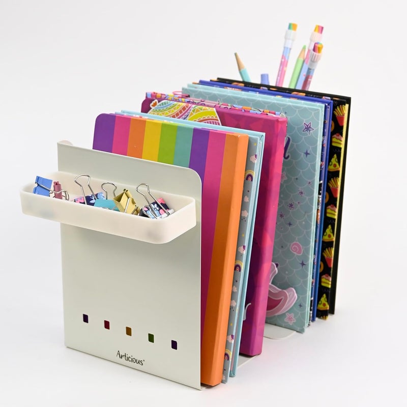 Articious Adjustable Bookend Organizer with Pen Holder | Expandable Desk Bookshelf for Office, Study, and Home | Book Rack Stand for Books, Files & Stationery (Extends Up to 17 Inches) - White - Image 2
