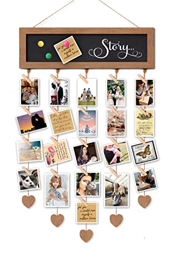 EXQUIDECA Picture Frames Collage Display Board with 30 Clips - Multi Photos Cards Organizer with Adjustable Twines and Magnetic Blackboard - DIY Wall Decor Hanging Picture Holder 15.7x5 Inches - Image 1