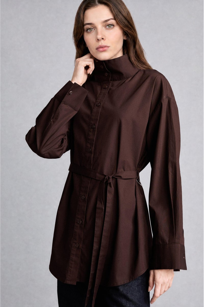 DeFacto Brown Woman Regular Fit Poplin Long Sleeve Tunic Casual - Image 1