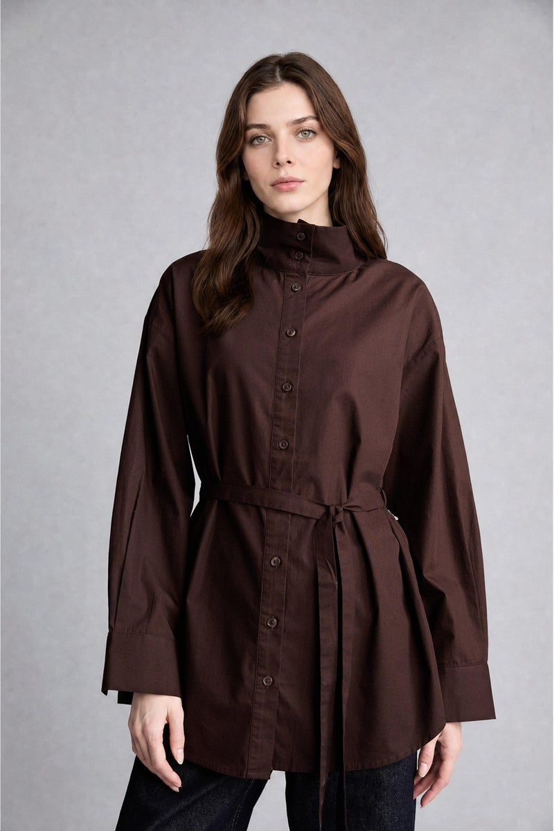 DeFacto Brown Woman Regular Fit Poplin Long Sleeve Tunic Casual - Image 3