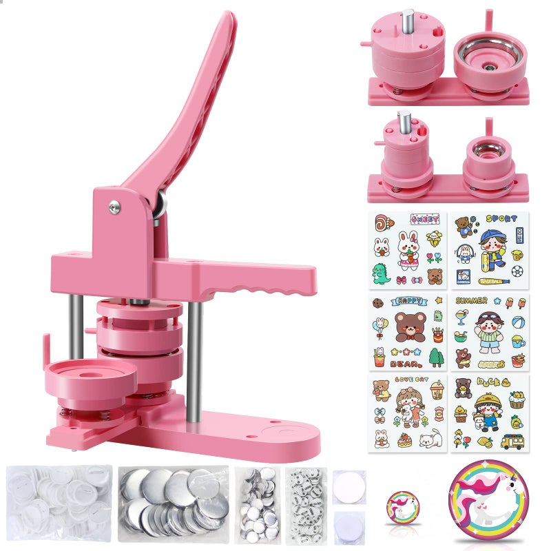 Happizza Button Maker Machine Multiple Sizes, Pin Maker Machine 1+2.25 inch, Badge Button Press Machine with Cute Stickers and 200 Sets Button Making Supplies&Circle Cutter for Girls Women(Pink) - Image 1