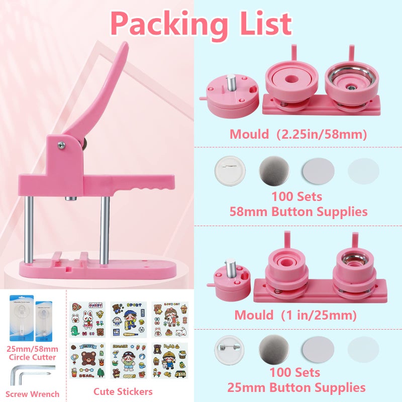 Happizza Button Maker Machine Multiple Sizes, Pin Maker Machine 1+2.25 inch, Badge Button Press Machine with Cute Stickers and 200 Sets Button Making Supplies&Circle Cutter for Girls Women(Pink) - Image 4