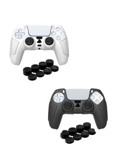 SJet 2 PACK PS5 Controller Skin Case Soft Flat Anti-Slip Silicone Protective Cover for PlayStation 5 Controller, with 16 Raised Thumb Grip Caps (Black+Clear)  - Image 1