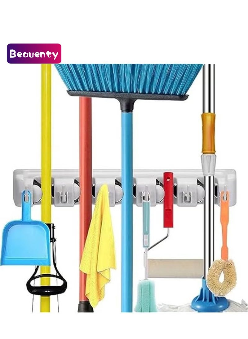 Beauenty Mop And Broom Holder, Wall Mounted Organizer Mop And Broom Saving Space Storage Rack For Kitchen Garden And Garage,Laundry Offices,5 Position With 6 Hooks - Image 1