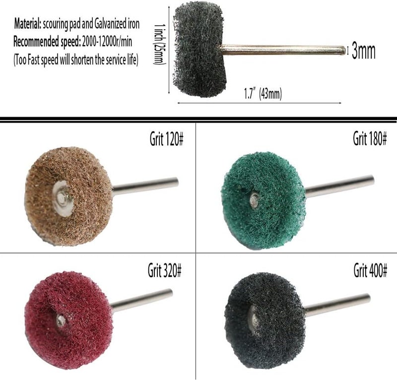 FPPO 50pcs Abrasive Buffing Polishing Wheel Set for Rotary Tool with 3mm Shaft,Mini scouring pad Brush Polishing kit, Removal of Rust,Deburring on Metal Surface (grit 400 Black 50pcs) - Image 2