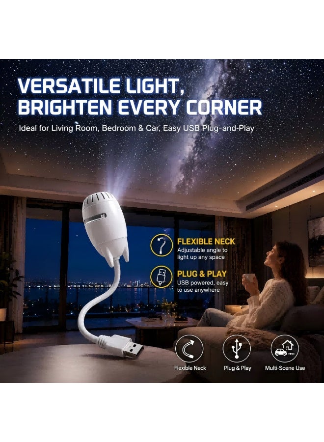 مصباح محمول 2 في 1 يعمل عبر USB: إضاءة ليلية بنمط النجوم وجهاز عرض (بروجيكتور) عالي الدقة للمجرات، مزود بذراع مرنة، و3 شرائح عرض قابلة للتبديل (المجرة، النظام الشمسي، سماء مرصعة بالنجوم)، مع خاصية التحكم باللمس لتعديل السطوع؛ مناسب لغرف النوم وغرف الأطفال والسيارات. - Image 5
