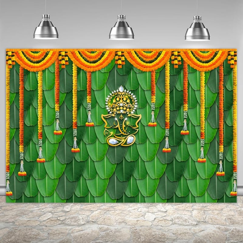 اي ار اس خلفية ARS Pooja لتزيين الأقمشة، مناسبة لطقوس غانباتي بوجا الهندية التقليدية، تشاتيا غانيش، مهندي، خلفية تصوير لحفلات الزفاف والمهرجانات، أكاليل زهور القطيفة، دعائم كشك الصور، لافتة 6x4 قدم - Image 1