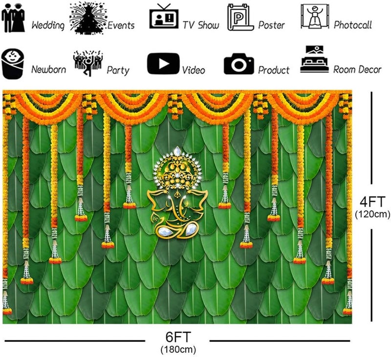 اي ار اس خلفية ARS Pooja لتزيين الأقمشة، مناسبة لطقوس غانباتي بوجا الهندية التقليدية، تشاتيا غانيش، مهندي، خلفية تصوير لحفلات الزفاف والمهرجانات، أكاليل زهور القطيفة، دعائم كشك الصور، لافتة 6x4 قدم - Image 2
