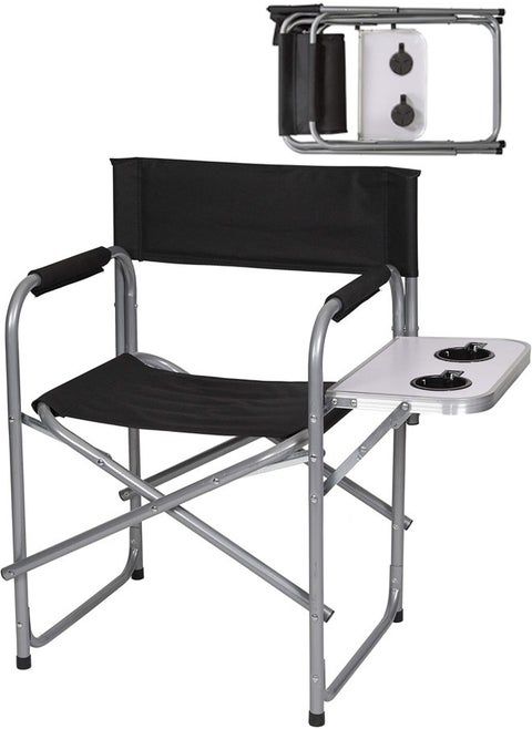 Folding Chair with Storage Pocket and Side Table with 2 Cup Holders for Camping and Hiking