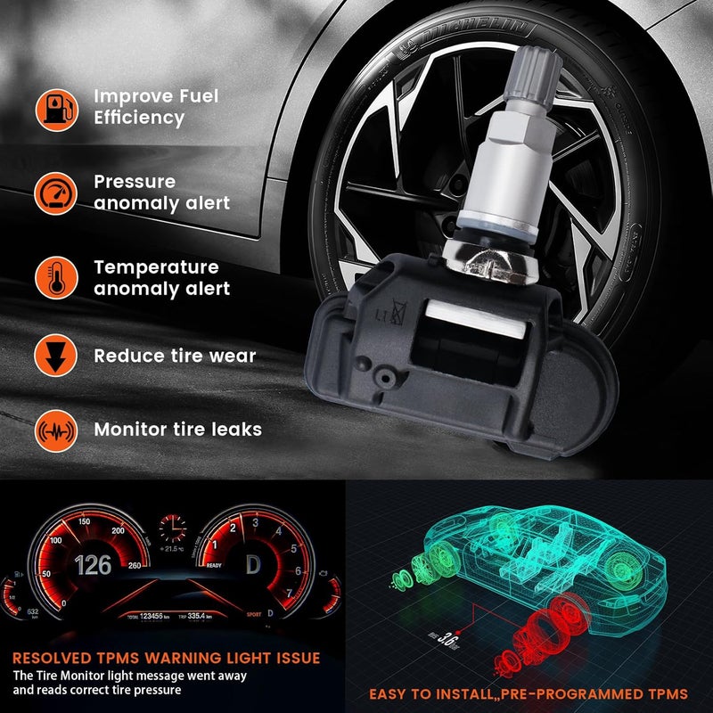 مجموعة من 4 مستشعرات ضغط الإطارات TPMS 433MHZ متوافقة مع SLK GL GLA CLK GLS CLA C B GLE S ML GLC GT-S بديل لـ # A0045400217 A0009057200 - Image 3