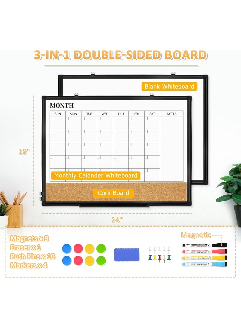 Relex Dry Erase Calendar Board for Wall, 24"x18" Magnetic Whiteboard Calendar Double-Sided Monthly White Board with Cork Board, Black Aluminum Frame Memo Message Board for Office, Home, School - Image 3