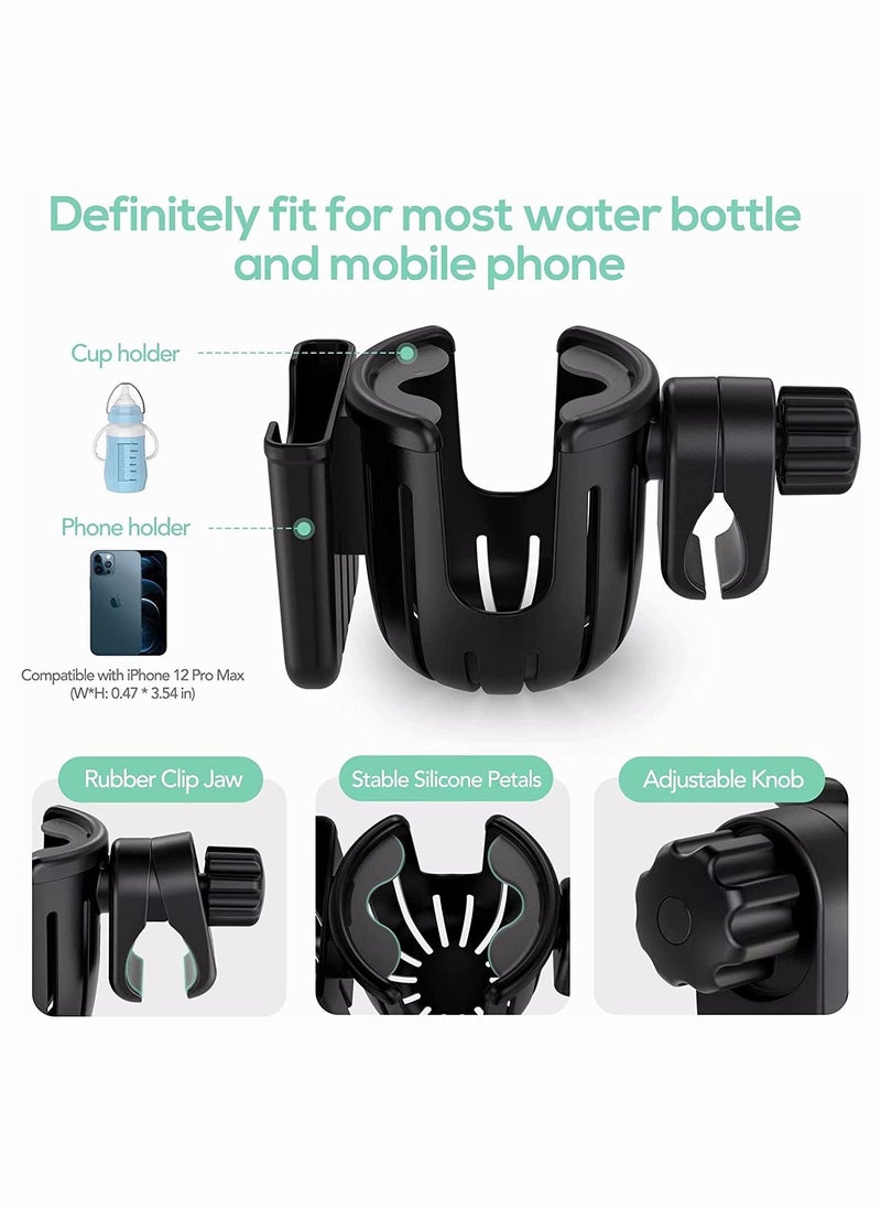 SYOSI Stroller Cup Holder, Bike Cup Holder, Upgraded Version 2 in 1 Cup Holder with Phone Holder, Large Caliber 360 Degrees Rotation Drink Holder, Universal Cup Holder for Stroller Bike Wheelchair Scooter  - Image 5