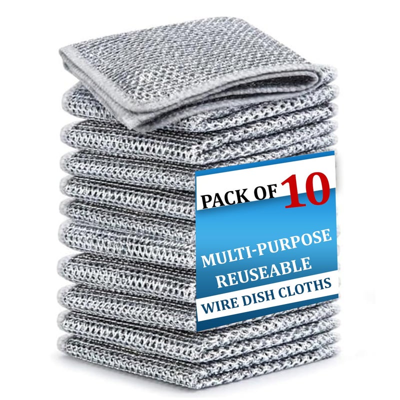 DALUCI 10 قطع قماش غسيل الصحون من سلك الفولاذ غير الخدش | فرك ثقيل للأدوات وتنظيف المطبخ | قماش تنظيف قابل لإعادة الاستخدام ومتين للأطباق، الحوض والأسطح (عبوة من 10) - Image 1