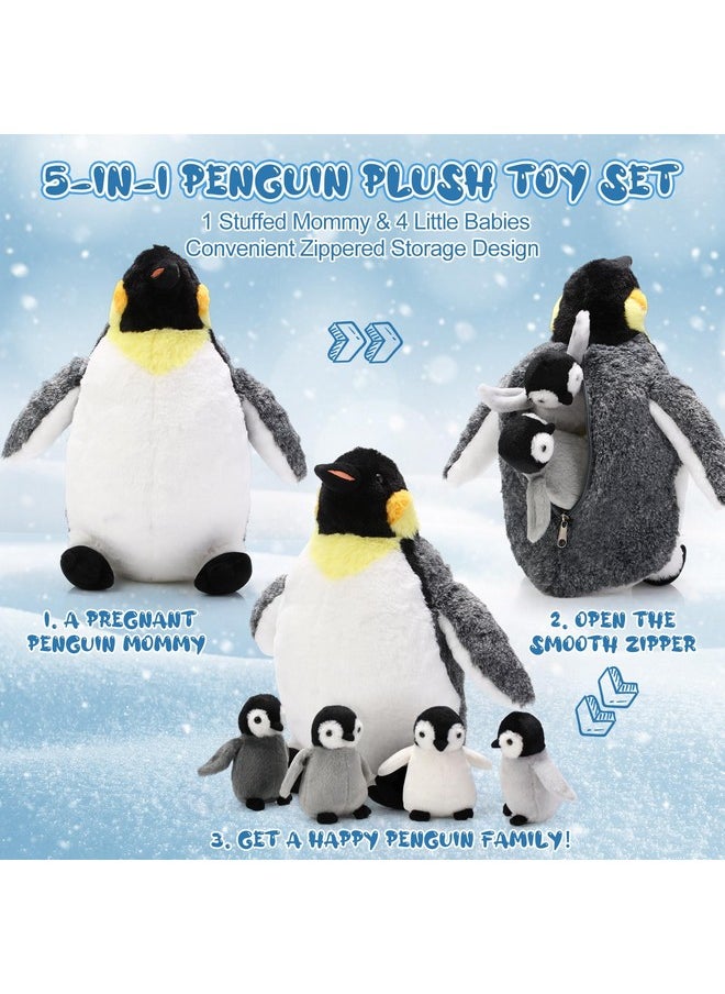 Harrycle - 5 Pcs Penguin Plush Toy Set 1 Mommy Penguin Stuffed Animal With 4 Cute Babies In Her Belly 14 Inch Soft Cuddly Penguin Plushie For Christmas Birthday New Year Gifts(Simple Style) - Image 1