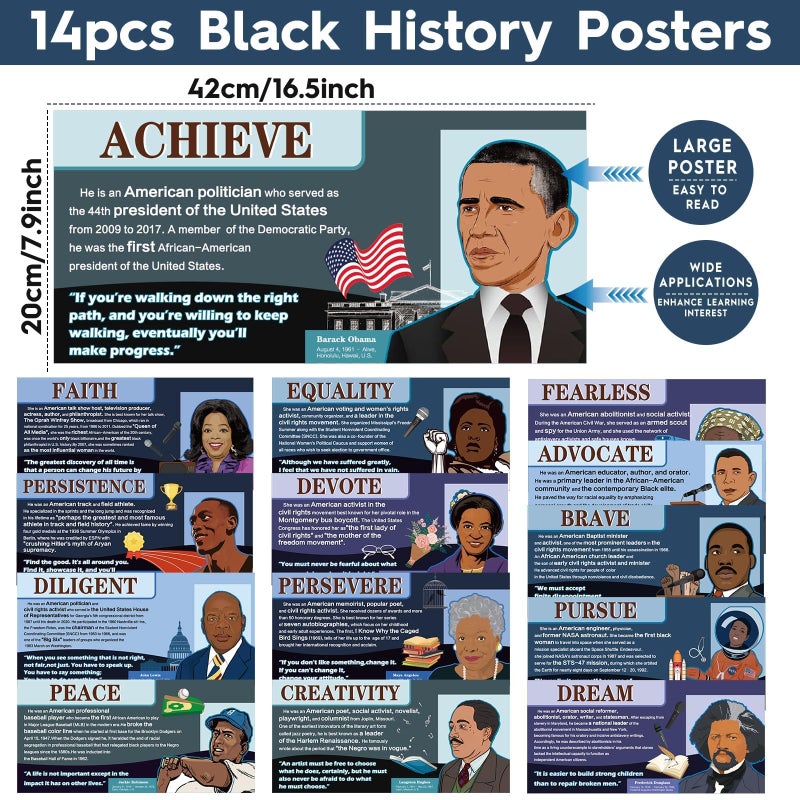 Wiooffen 14Pcs Black History Month Posters, Classroom Decoration, African American Inspirational Quotes, Modern, Contemporary, Unframed, Colorful, Letter Print, 17 x 7.9in, Classroom, Wall Art - Image 4