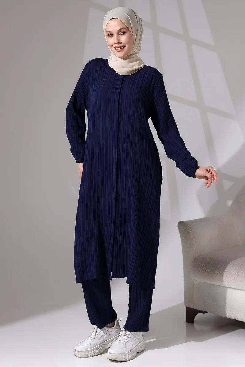 ايهفان Ikhvan Women's Wrapped Fabric Hidden Zipper Double Set Hajj Umrah Outfit Navy Blue