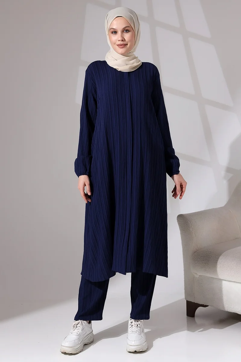 ايهفان Ikhvan Women's Wrapped Fabric Hidden Zipper Double Set Hajj Umrah Outfit Navy Blue