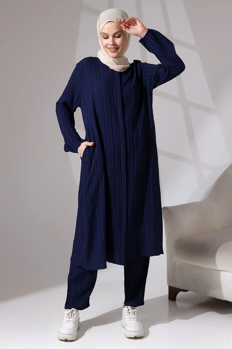 ايهفان Ikhvan Women's Wrapped Fabric Hidden Zipper Double Set Hajj Umrah Outfit Navy Blue