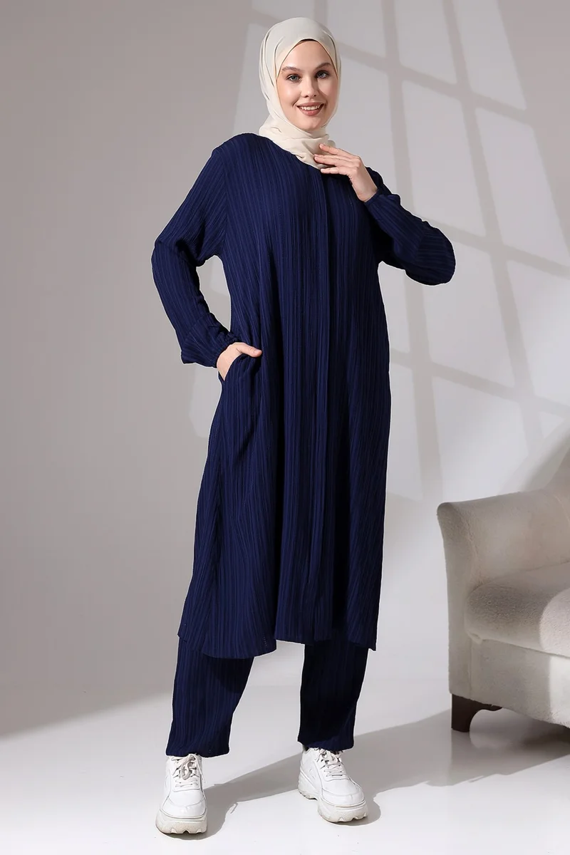 ايهفان Ikhvan Women's Wrapped Fabric Hidden Zipper Double Set Hajj Umrah Outfit Navy Blue