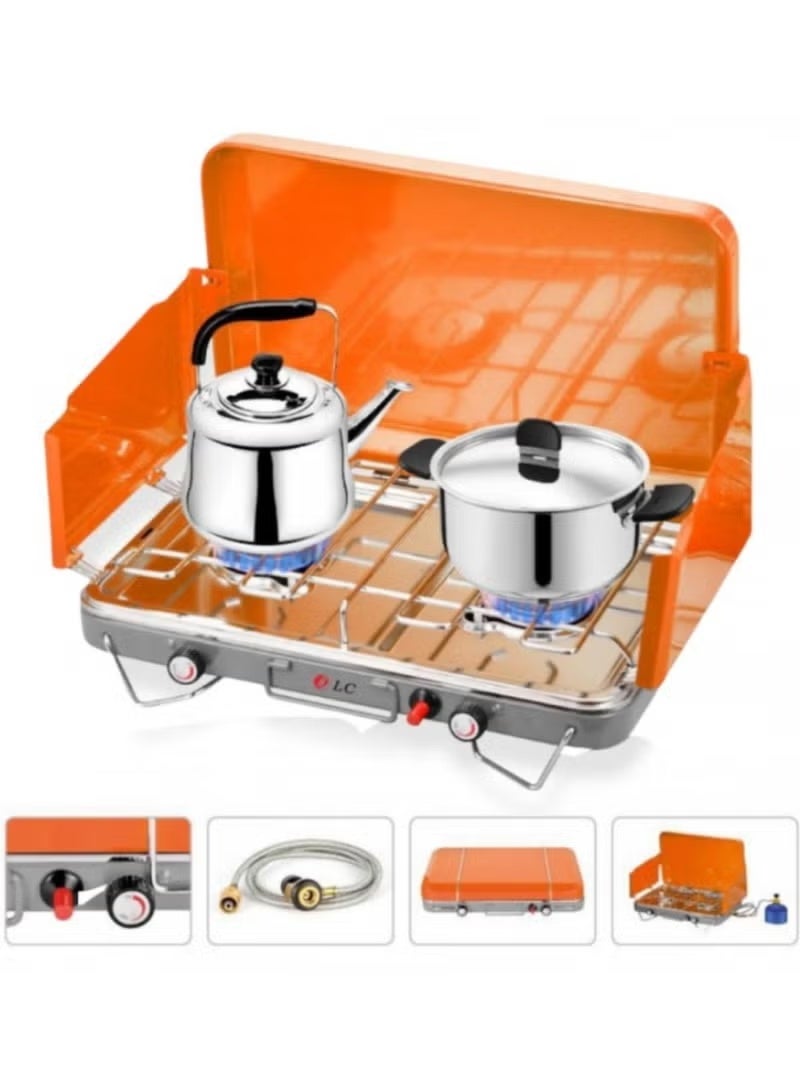 ال سي موقد غاز محمول ذو شعلتين للتخييم في الهواء الطلق ورحلات الطهي - Image 3