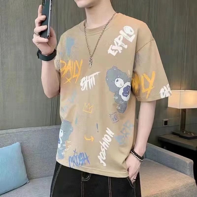 Short sleeve t-shirt mens 2022 summer New loose casual T-shirt Korean style trendy all-match round neck half sleeve top Bear khaki - Image 1