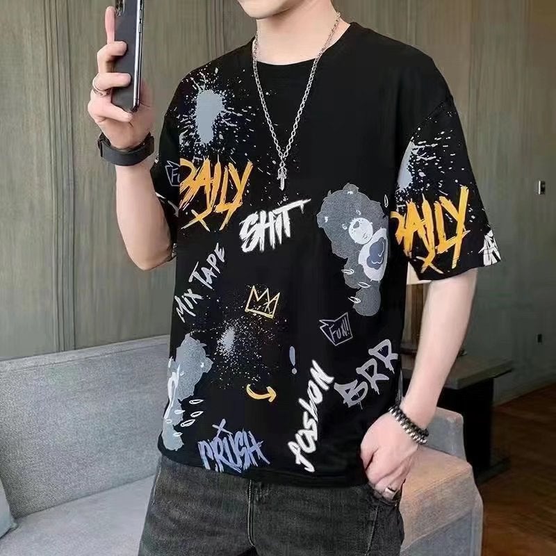 Short sleeve t-shirt mens 2022 summer New loose casual T-shirt Korean style trendy all-match round neck half sleeve top Bear khaki - Image 3