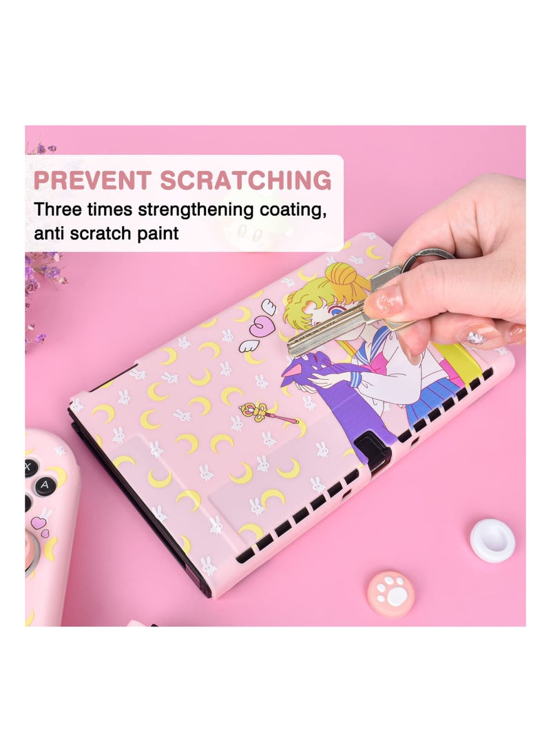 SYOSI Cute Protective Case for Switch OLED (2021), Sailor Moon Case Screen Protector with 2PC Cat Claw Thumb Grips Caps Silicone Soft Cover Shockproof Pink Skin Shell Anti-Scratch Case for Joy Con - Image 3