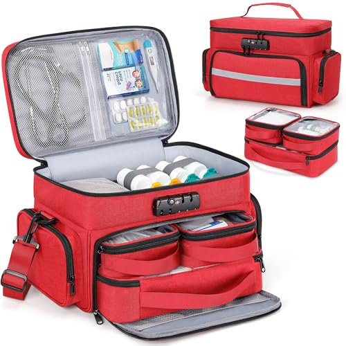 Zannaki Medicine Bag with 3 Removable Pouches First Aid Bags Empty with Combination Lock Double Layers Pill Bottle Organizer with Shoulder Strap Large Medication Travel Storage for Medical Supplies - Image 1
