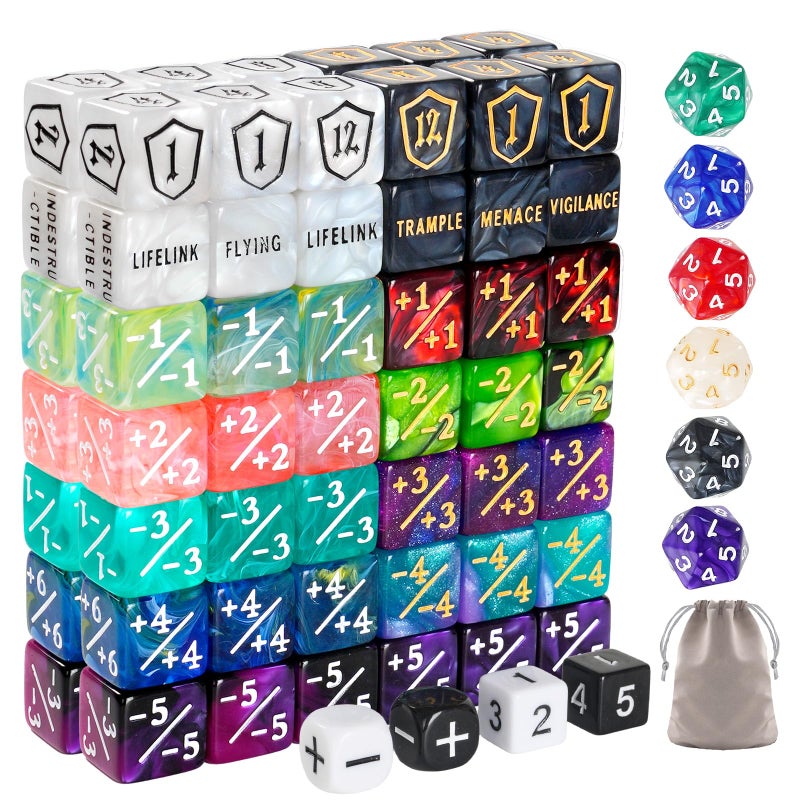 Ravonixis 100 PCS MTG Dice Set â€“ Ability Keyword Counters, +1/-1 Life Counter Shield Shaped Dice, D20 Number Dice, Buff Tokens, with 2 Velvet Bags for Storage - Image 1