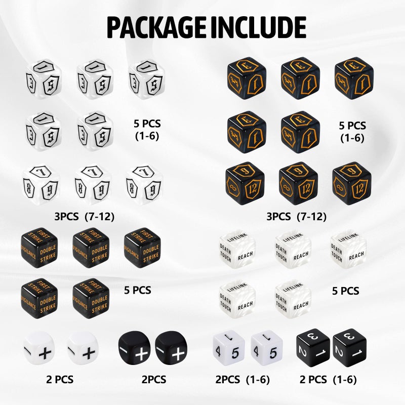 Ravonixis 100 PCS MTG Dice Set â€“ Ability Keyword Counters, +1/-1 Life Counter Shield Shaped Dice, D20 Number Dice, Buff Tokens, with 2 Velvet Bags for Storage - Image 4