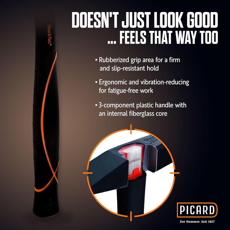 Picard Riveting Hammer BlackTec 400g - German Pattern, Cross Peen, Alloy Steel Head, Black Powder Coated, Low Vibration, Fiberglass Core Handle, Rubber Grip, 0032700-0400 - Image 4