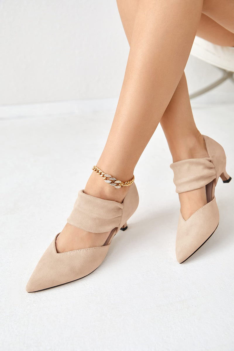 Coutgo Womens Low Kitten Heel Dress Shoes Pointed Toe Slip on Ankle Strap Cutout Elegant Party Wedding Pumps, Nude, Size 8 - Image 2