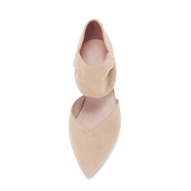 Coutgo Womens Low Kitten Heel Dress Shoes Pointed Toe Slip on Ankle Strap Cutout Elegant Party Wedding Pumps, Nude, Size 8 - Image 5