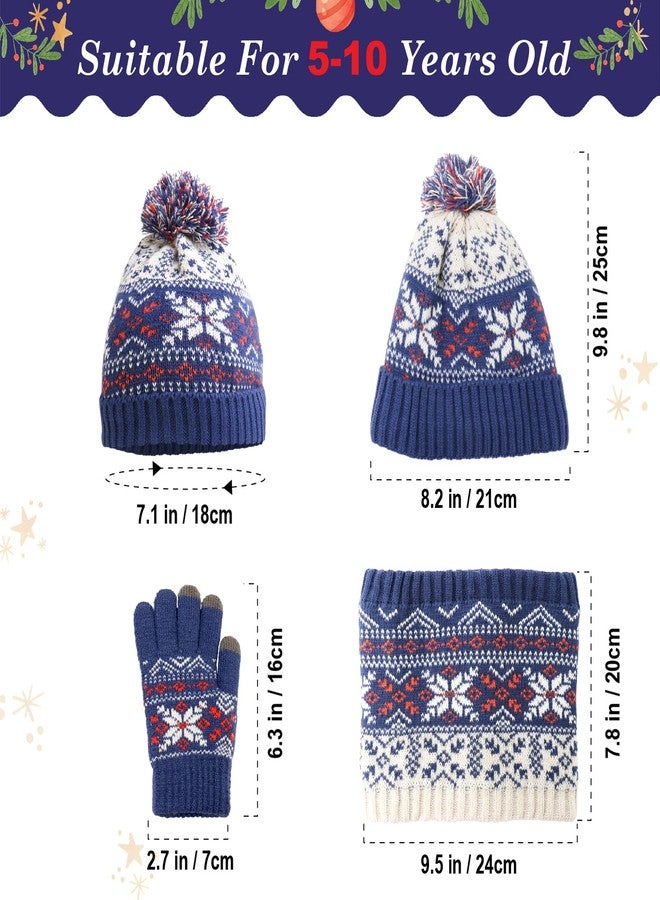 OGnomiFX Boys Girls Winter Hat Gloves Scarf Set for 5-10 Years Old, Christmas Gifts for Kids, Children's Beanie with Pompom, Soft Knit Neck Warmer, Full finger gloves (Dark Blue) - Image 5