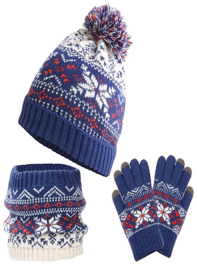 OGnomiFX Boys Girls Winter Hat Gloves Scarf Set for 5-10 Years Old, Christmas Gifts for Kids, Children's Beanie with Pompom, Soft Knit Neck Warmer, Full finger gloves (Dark Blue) - Image 1