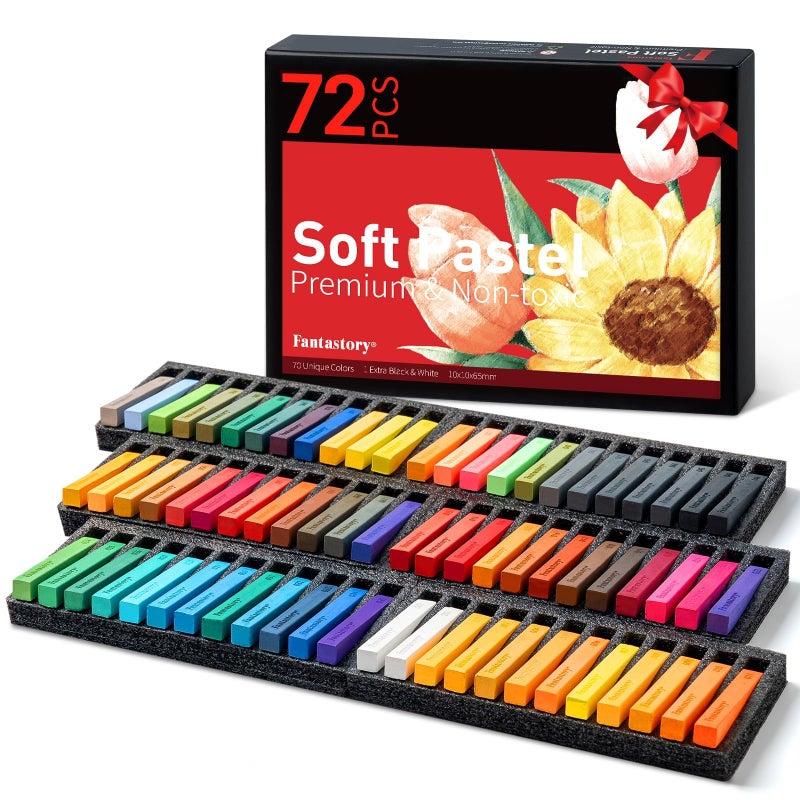Fantastory Long Soft Chalk Pastels Set, 72 Sticks,Includes 5 Fluorescent Colors; Non Toxic Soft Pastels for Artists,Beginners;Classroom; Drawing,Blending,Layering;Christmas Art Supplies - Image 1