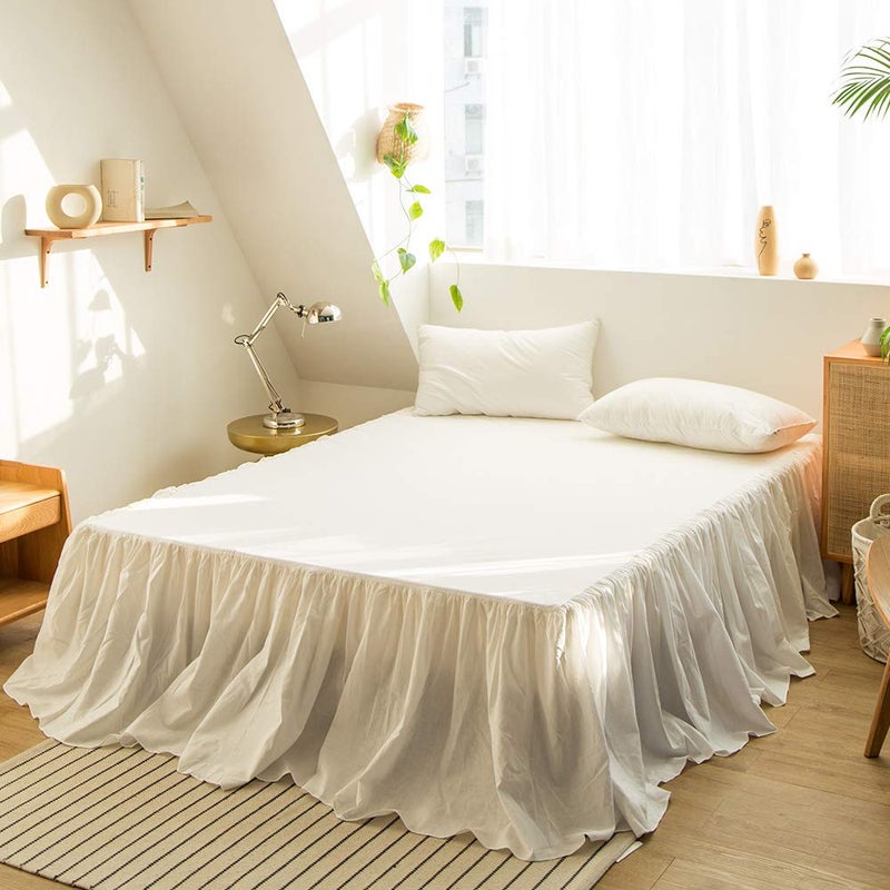 SimpleOpulence Belgian Linen Bed Skirt with Classic 14 inch Tailored Drop Dust Ruffle Easy Fit Breathable Premium Natural Flax Pleated White Queen