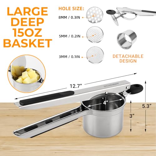 Amroicus Potato Ricer 15oz, Heavy Duty Stainless Steel Potato Masher with 3 Interchangeable Discs, Large Masher and Ricer Kitchen Tool for Mashed Potatoes, Spaetzle Noodle Maker, Potato Press - Image 5