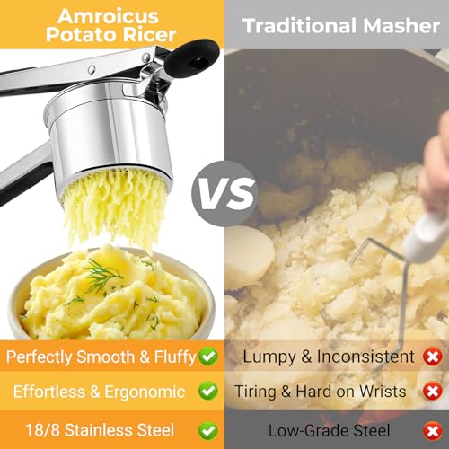 Amroicus Potato Ricer 15oz, Heavy Duty Stainless Steel Potato Masher with 3 Interchangeable Discs, Large Masher and Ricer Kitchen Tool for Mashed Potatoes, Spaetzle Noodle Maker, Potato Press - Image 3