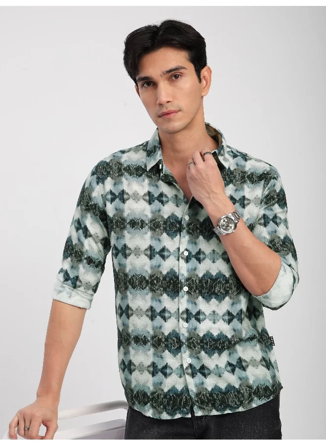 بيونغ Blue Abstract Tribal Printed Shirt