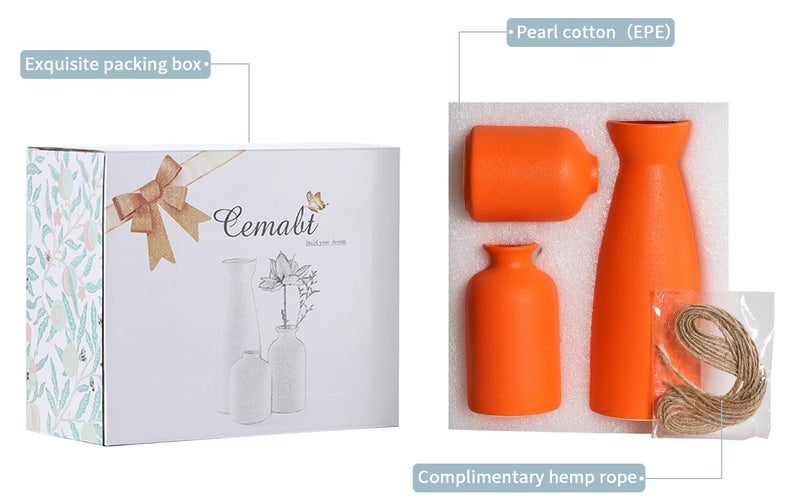 CEMABT CERAMIC ORANGE FASES مجموعة من 3 مزهريات زهرة صغيرة للديكور الحديثة مزرعة مزورة ديكور مزهريات ديكور لبيباس العشب - Image 4