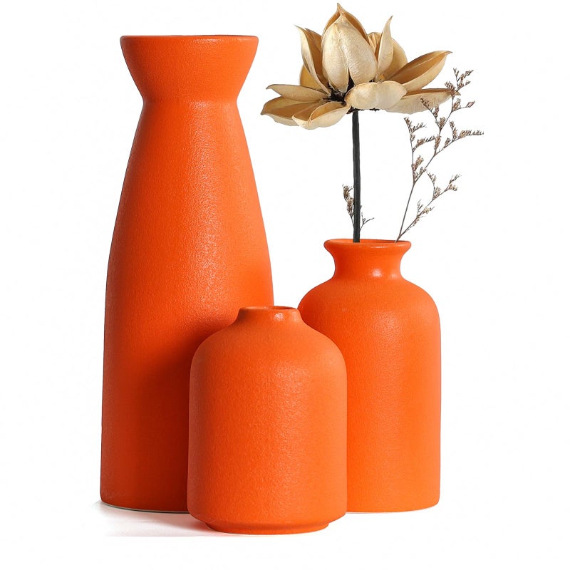 CEMABT CERAMIC ORANGE FASES مجموعة من 3 مزهريات زهرة صغيرة للديكور الحديثة مزرعة مزورة ديكور مزهريات ديكور لبيباس العشب - Image 1