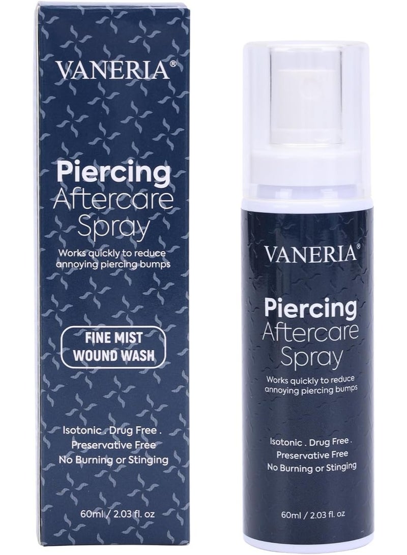 VANERIA Piercing Spray, Piercing Bump Solution, Used for Perforation and Post Tattoo Care, Saline Solution, Gentle Formula to Relieve Pain and Bumps 60 ml